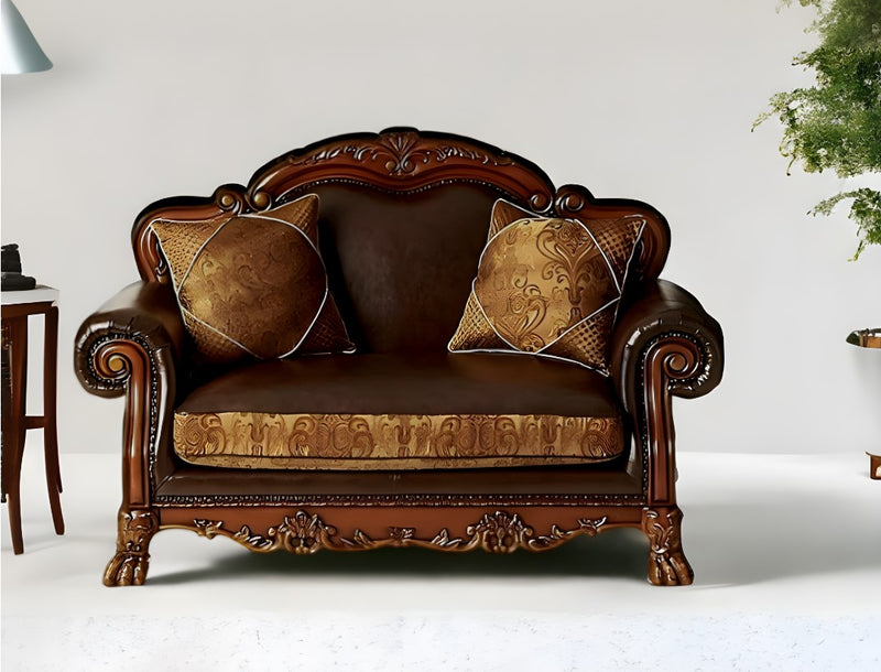 Brown And Redwood Faux Leather Loveseat and Toss Pillows