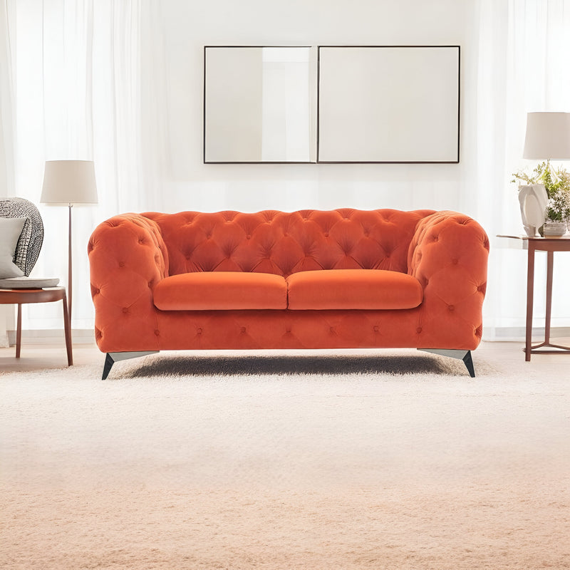 Orange And Silver Velvet Chesterfield Loveseat