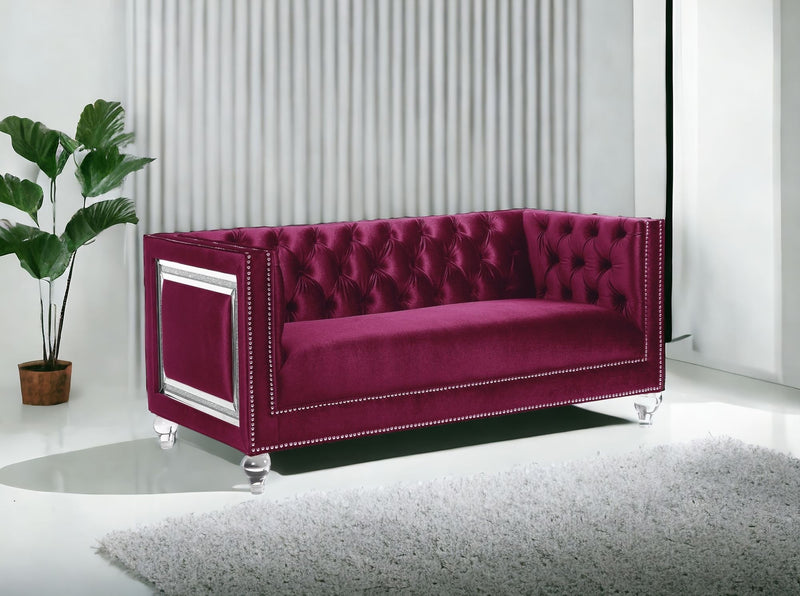 Burgundy And Silver Velvet Loveseat and Toss Pillows