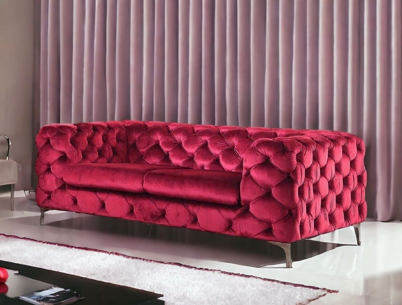 Red And Silver Velvet Loveseat