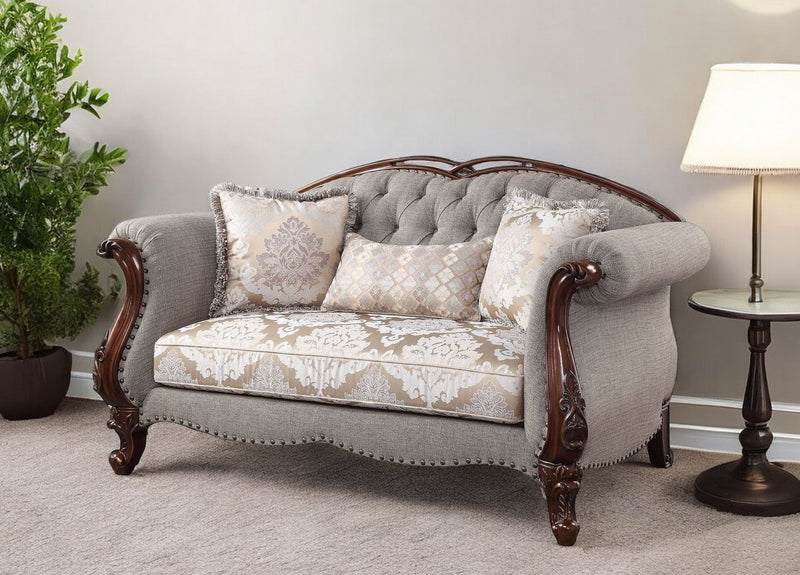 Beige And Dark Brown Linen Loveseat and Toss Pillows