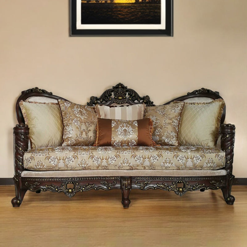 Beige Floral Sofa And Toss Pillows With Dark Brown Legs