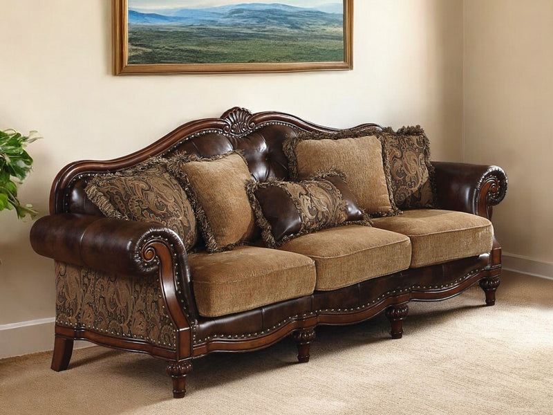 Brown Faux Leather and Chenille Sofa And Toss Pillows With Dark Brown Legs