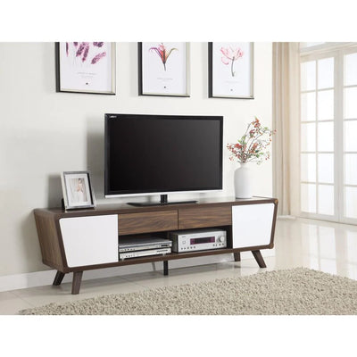 Benzara Glittering Two Tone Mid Century Modern TV Stand, White and Brown BM156155