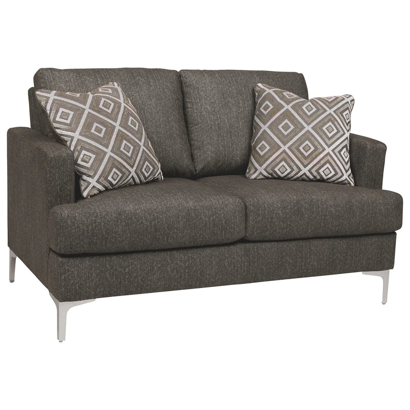 Benzara Fabric Upholstered Loveseat with Metal Bracket Legs and Track Armrests, Gray BM226047