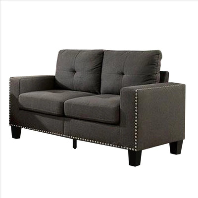 Benzara Fabric Upholstered Loveseat with Track Arms and Nailhead Trim, Dark Gray BM239783