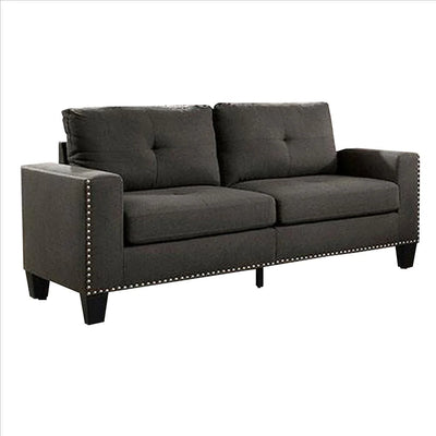 Benzara Fabric Upholstered Sofa with Track Arms and Nailhead Trim, Dark Gray BM239784