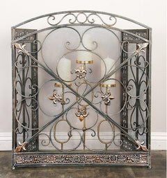 Traditional 3 Panel Metal Fire Screen With Filigree Design, Bronze