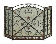 Traditional 3 Panel Metal Fire Screen With Filigree Design, Bronze